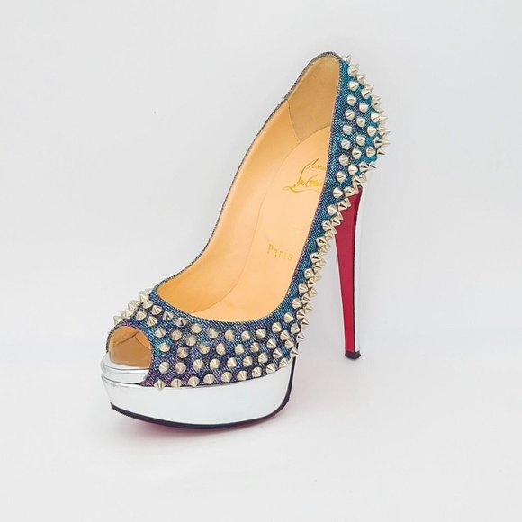 CHRISTIAN LOUBOUTIN Pumps Lady Peep Spike 150 Heels 36 Turquoise Violet Silver - Picture 2 of 10